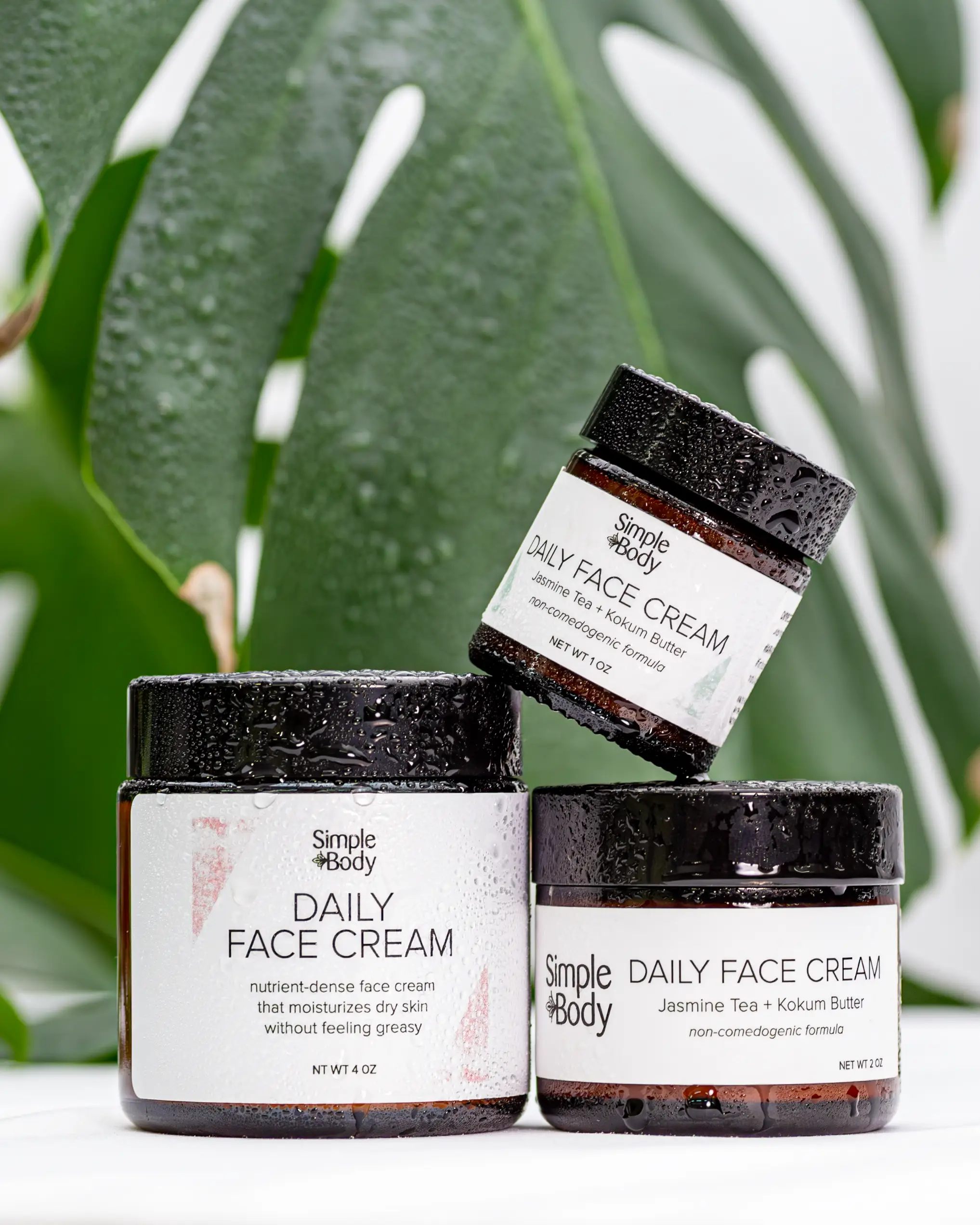 Product display arrangement for Simple Body skincare collection