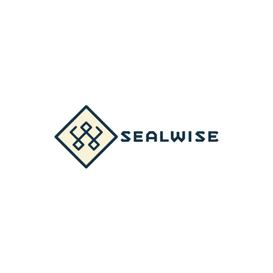Sealwise Epoxy brand logo featuring an interlocking geometric diamond icon in dark navy with cream fill, paired with bold uppercase SEALWISE wordmark on a clean white background