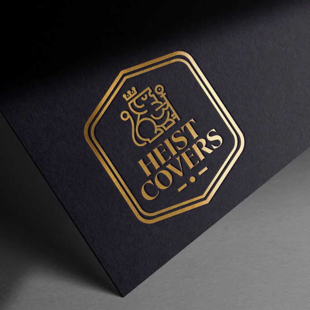 Heist Covers luxury brand logo pressed in metallic gold foil on dark navy textured paper, featuring a crowned octopus mascot inside an octagonal badge frame with the brand name in elegant serif typography