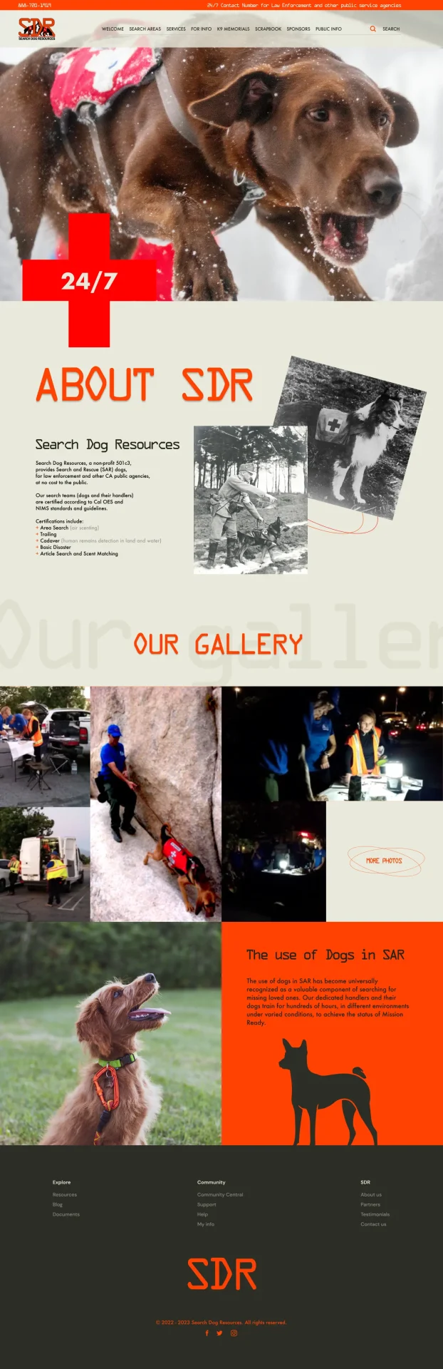 Search Dog Resources nonprofit website designed by DMS for search and rescue K9 teams with bold orange and brown design