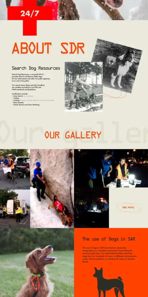 Search Dog Resources nonprofit website designed by DMS for search and rescue K9 teams with bold orange and brown design