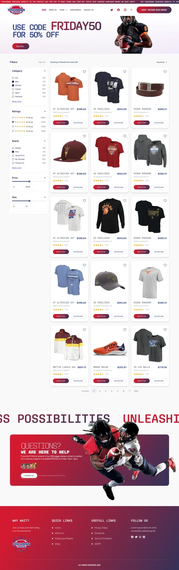 Touchdown Trackers football merchandise e-commerce designed by DMS with product filters, ratings, and category sorting