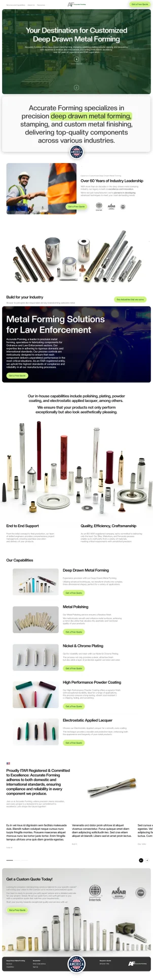 Accurate Forming precision metal manufacturing website designed by DMS with capabilities showcase and ITAR certification