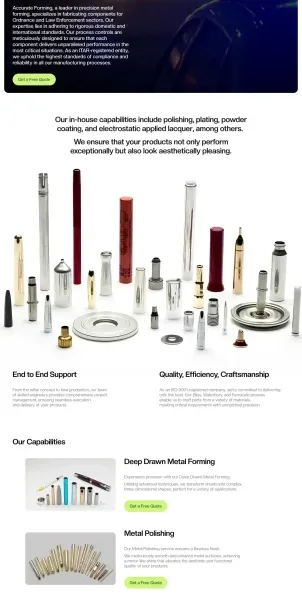 Accurate Forming precision metal manufacturing website designed by DMS with capabilities showcase and ITAR certification
