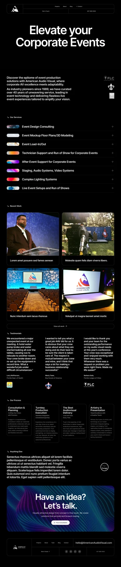 American Audio Visual corporate event production website designed by DMS with dark elegant design and service showcase