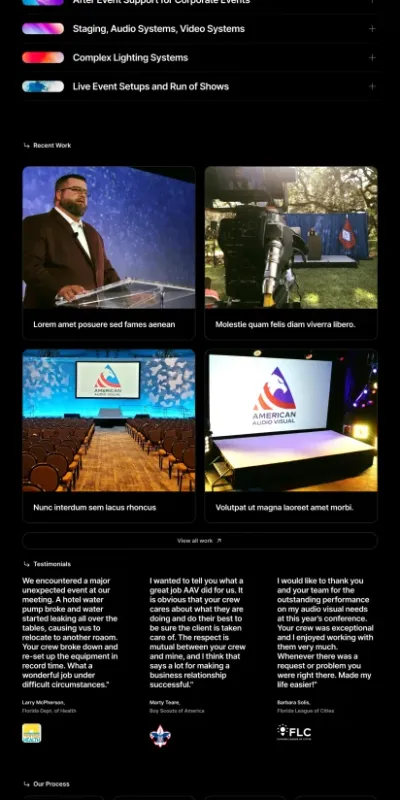 American Audio Visual corporate event production website designed by DMS with dark elegant design and service showcase