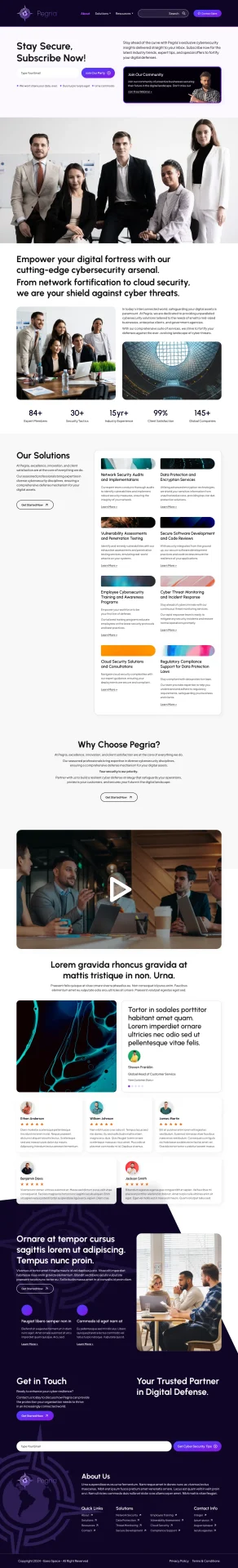 Pegria cybersecurity company website designed by DMS with solutions grid, video demo, and enterprise client testimonials