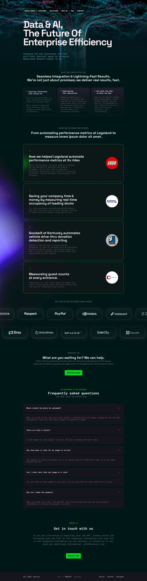 Data and AI enterprise SaaS platform website designed by DMS with dark theme, case studies for Lego and Goodwill, and FAQ section