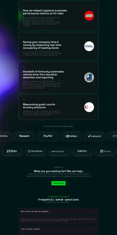 Data and AI enterprise SaaS platform website designed by DMS with dark theme, case studies for Lego and Goodwill, and FAQ section