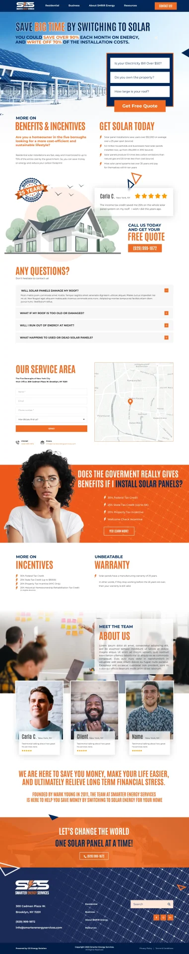 Smarter Energy Services solar panel installation website designed by DMS with quote calculator, incentives, and service area map