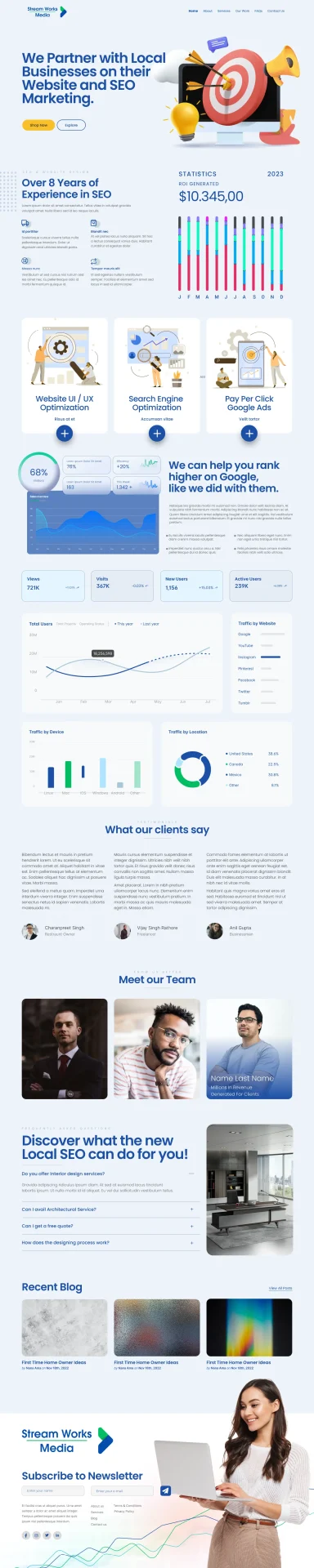 Stream Works Media SEO and marketing agency website designed by DMS with analytics dashboard, team section, and service offerings