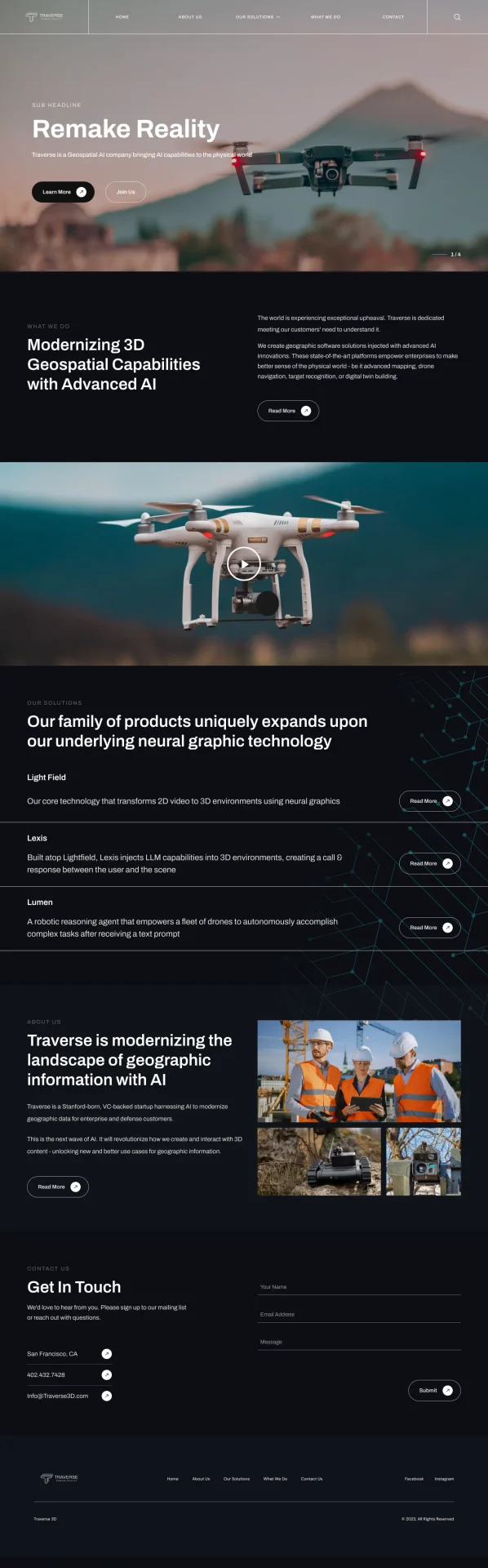 Traverse 3D geospatial AI company website designed by DMS with dark theme, drone imagery, and neural graphic technology showcase