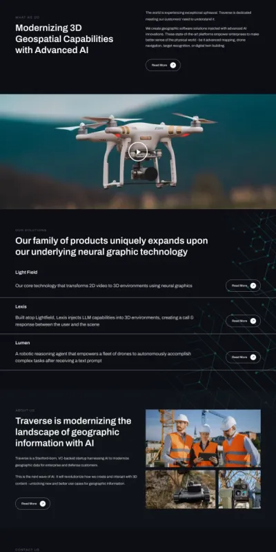 Traverse 3D geospatial AI company website designed by DMS with dark theme, drone imagery, and neural graphic technology showcase