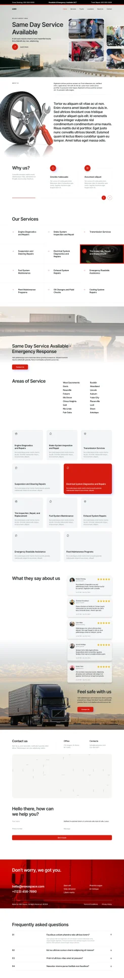 Auto repair and tire service center website designed by DMS with emergency roadside assistance, service areas, and diagnostic grid