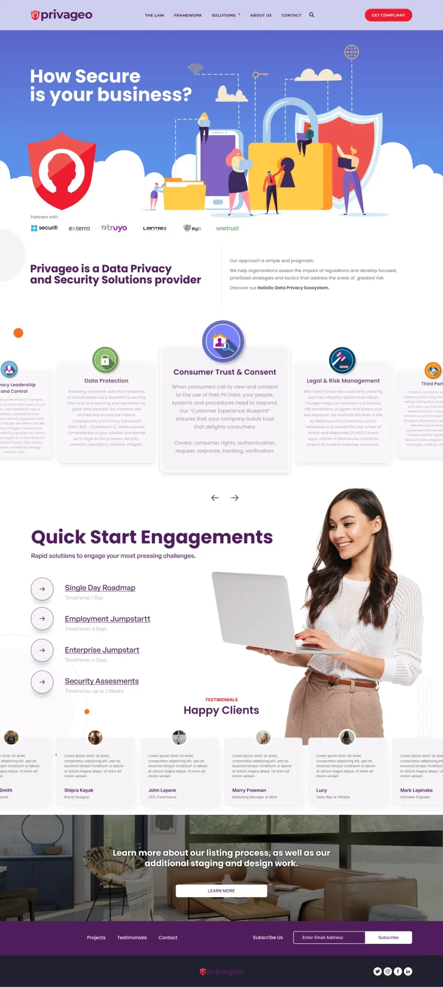 Privageo data privacy and security solutions website designed by DMS with compliance framework and enterprise client carousel