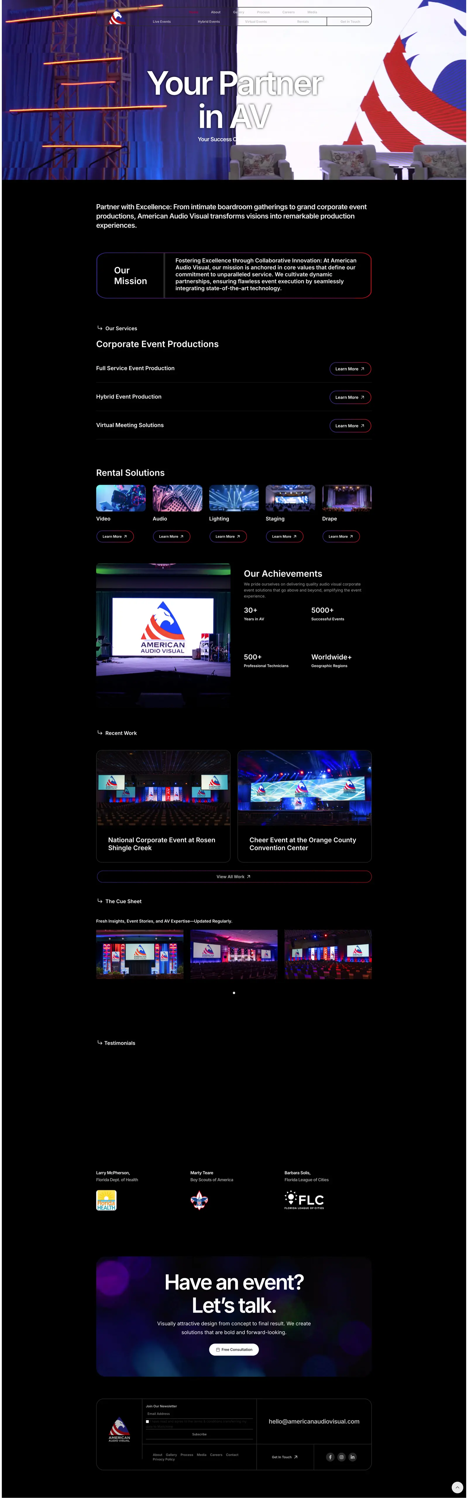 American Audio Visual redesigned homepage with hero video, corporate event services, rental categories, achievements section, and testimonials