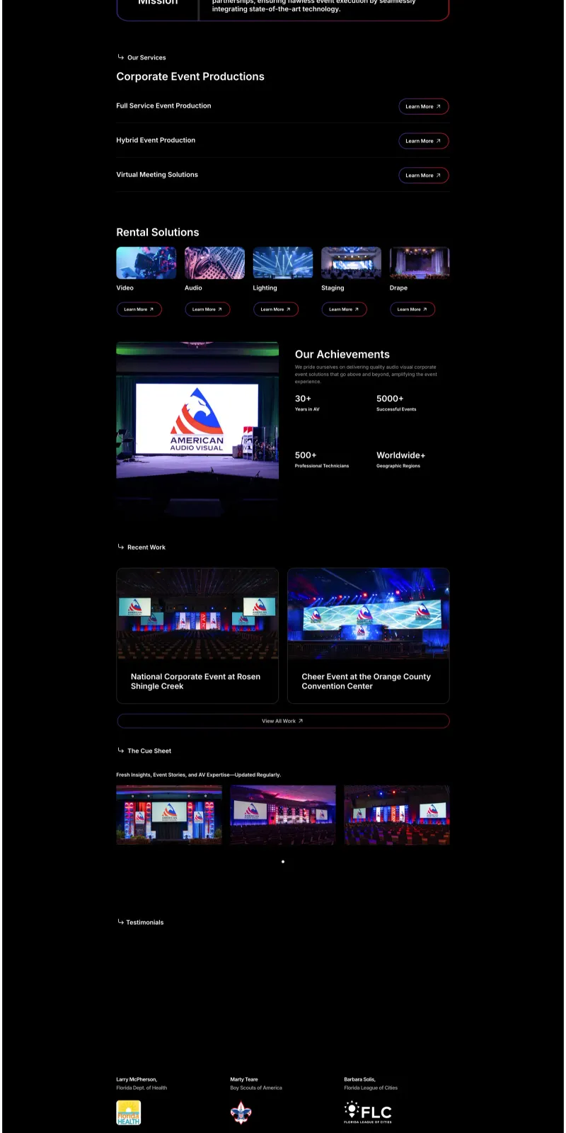 American Audio Visual homepage design with hero video, services section, rental categories, and testimonials