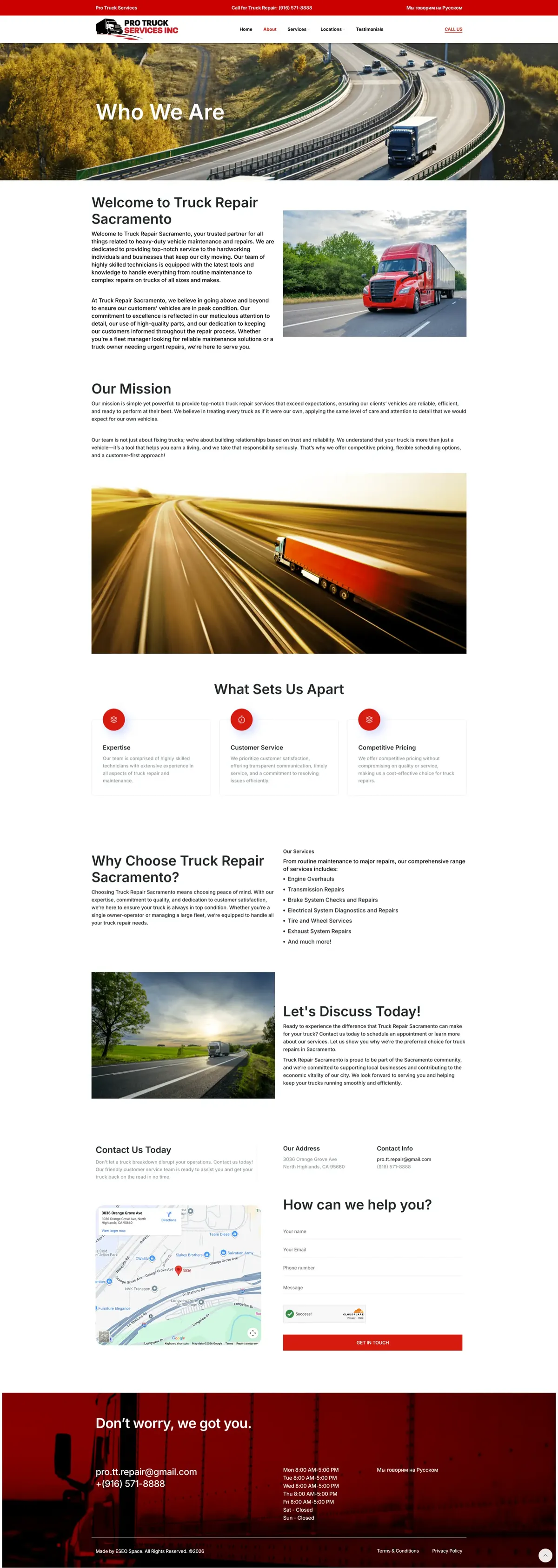 Pro Truck Services about page with company mission and team information