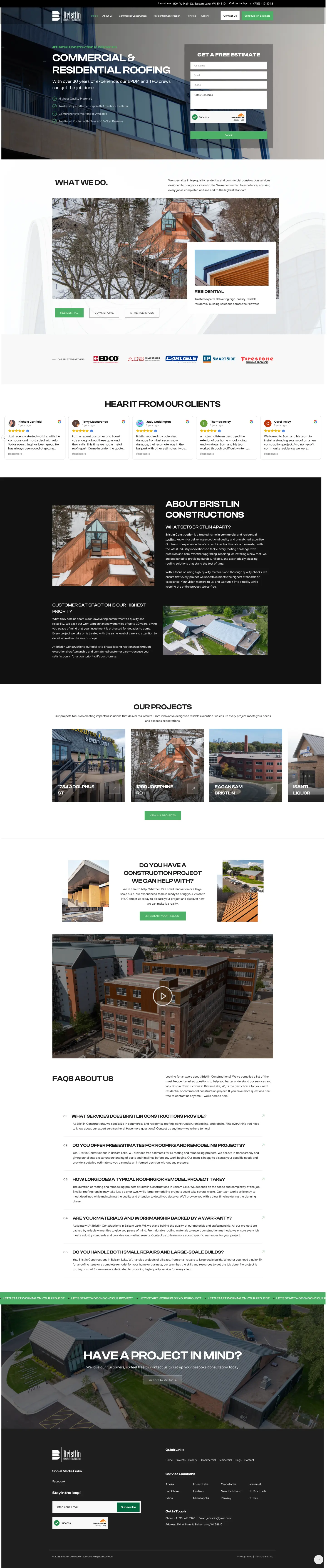 Bristlin Construction Services redesigned website with professional dark theme, organized service cards, project gallery, and testimonials