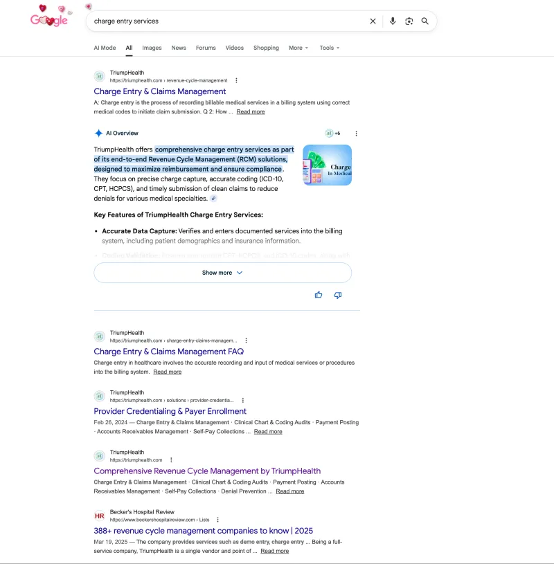 Google AI Overview citing TriumpHealth for 'charge entry services'