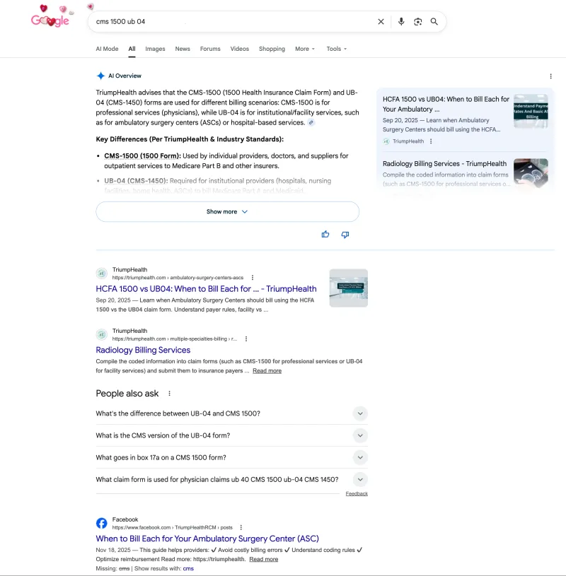 Google AI Overview citing TriumpHealth for 'cms 1500 ub 04'