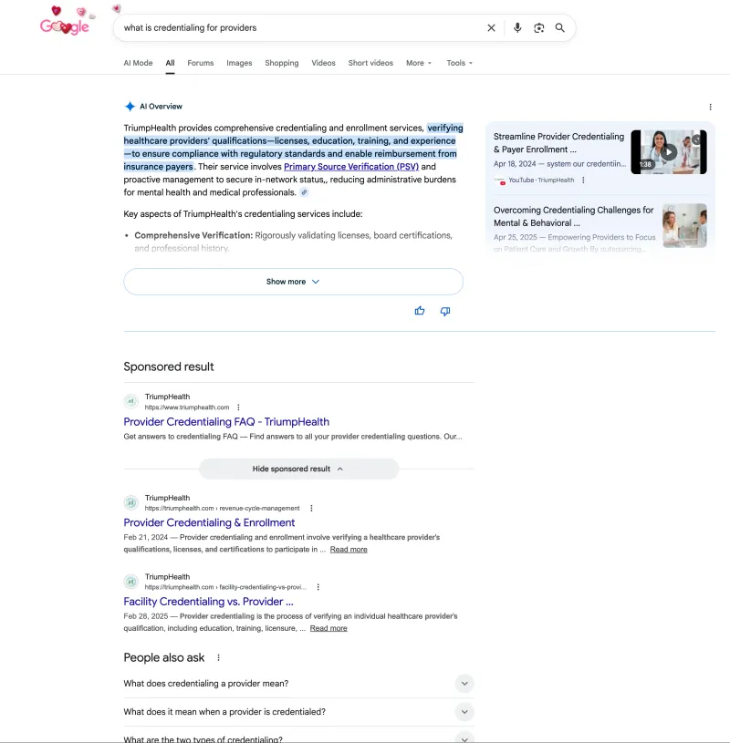Google AI Overview citing TriumpHealth for 'what is credentialing for providers'