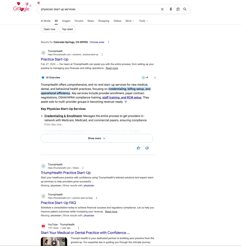 Google AI Overview citing TriumpHealth for 'physician start up services'