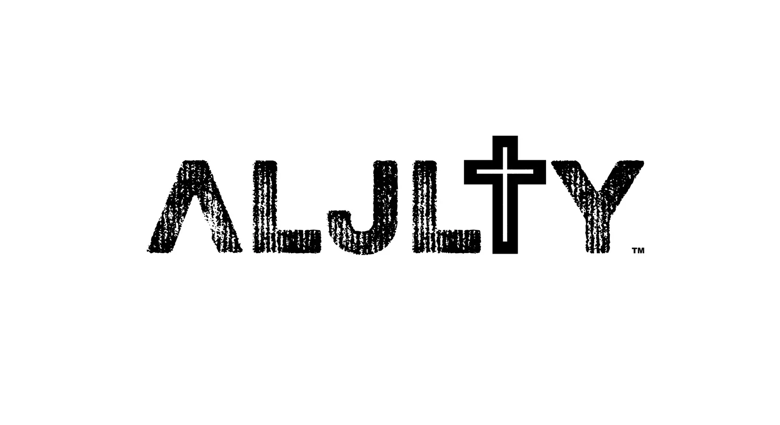 The ALJLTY logo in distressed black on white, with the cross integrated into the T letterform