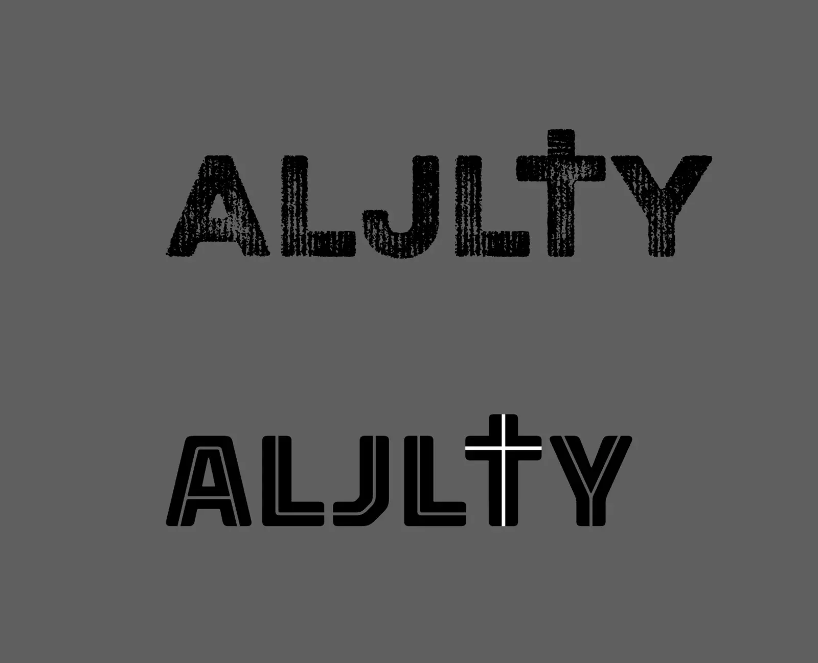 Two ALJLTY logo variants on gray background, rugged distressed version on top and clean straight version below