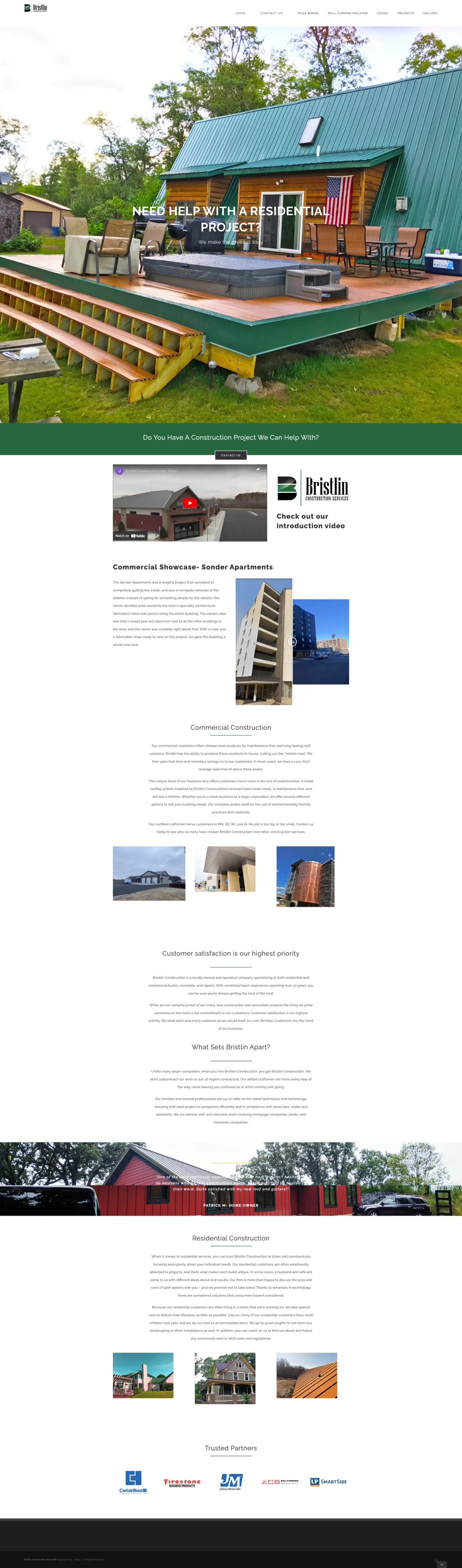 Bristlin Construction Services old website with basic white template design, generic layout, and no visual hierarchy