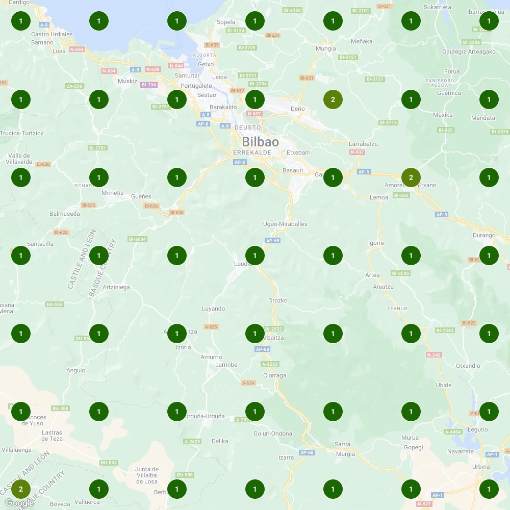 Google Maps grid view of the Bilbao, Spain region showing dozens of green numbered local SEO ranking markers spread across neighborhoods from Bilbao to Durango, demonstrating geographic search dominance for guitar lesson keywords