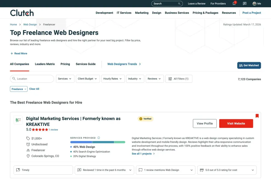 Clutch, the leading B2B ratings platform, ranked Digital Marketing Services #1 in four freelance categories: Web Design, WordPress Design, Digital Strategy, and SEO in Colorado.