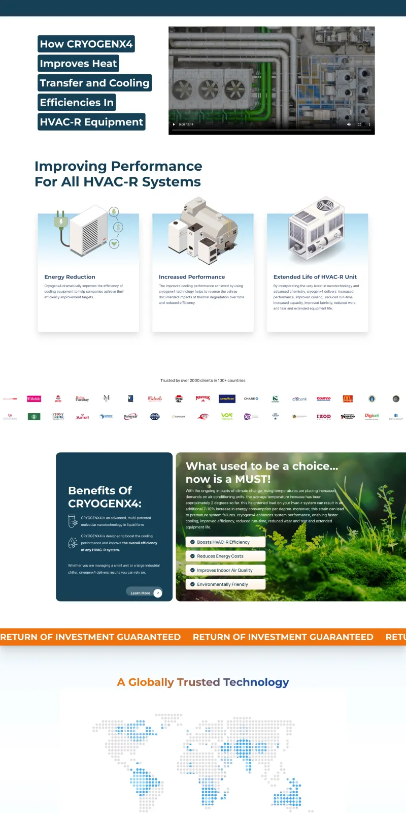 CryogenX4 homepage design with hero video, product carousel, client logo marquee, and industry-specific service cards