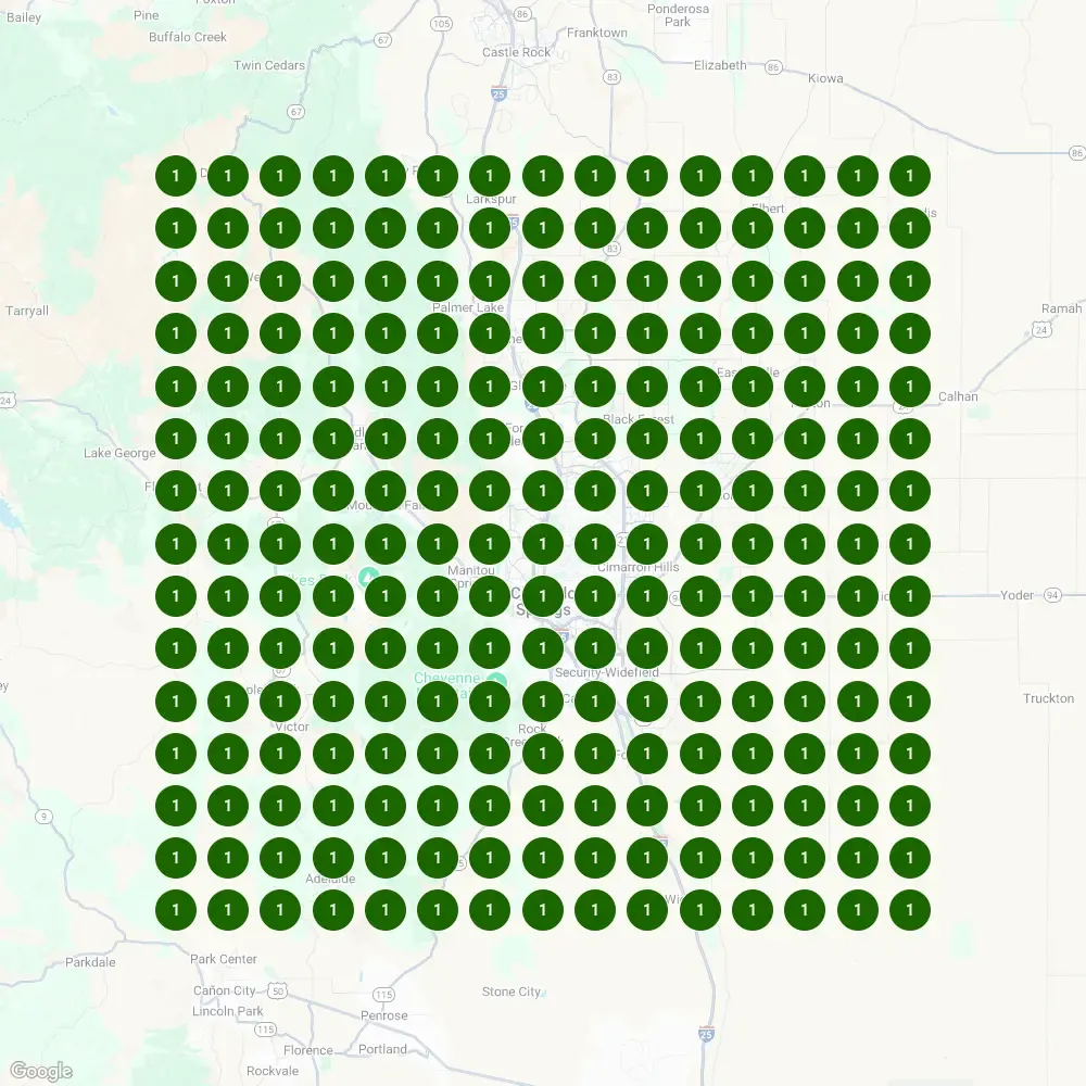 Keyword ranking map showing Sealwise Epoxy's SEO visibility after working with DMS, with all green indicators showing #1 rankings across the entire Colorado Springs area