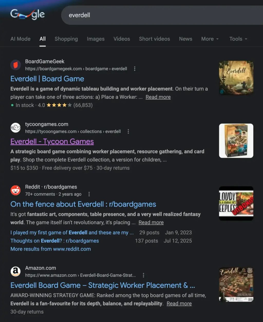 Google search results for Everdell showing Tycoon Games ranking #2 above Amazon at #4