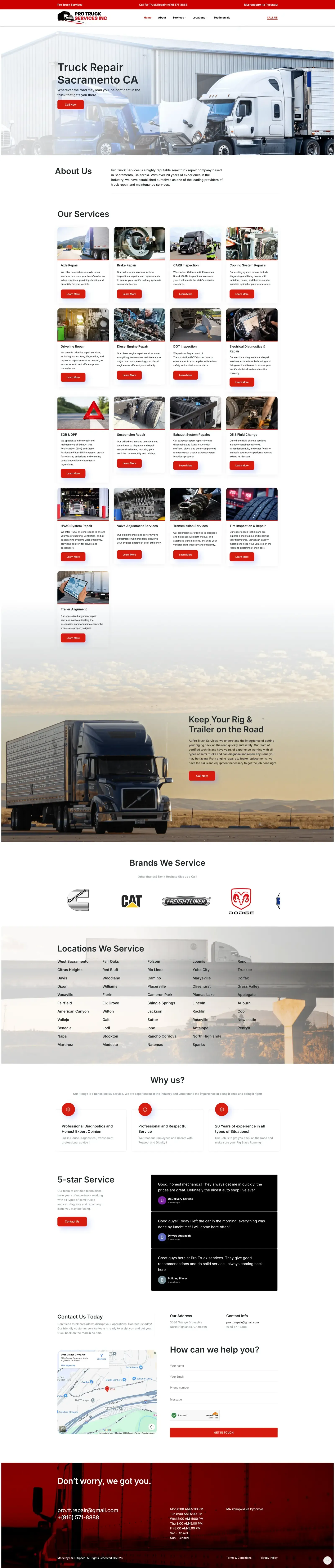 Pro Truck Services Inc website homepage showing truck repair services in Sacramento, CA