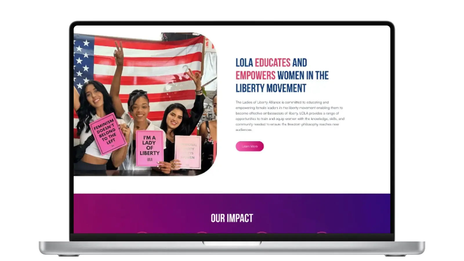 LOLA speaker presenting at a Ladies of Liberty Alliance Leadership Retreat in Washington DC with branded backdrop and American flag