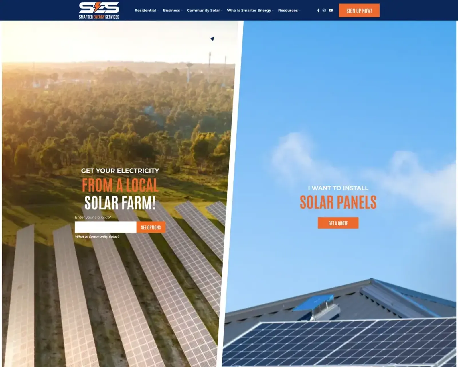Smarter Energy Services homepage with solar panel hero section and orange-navy brand design