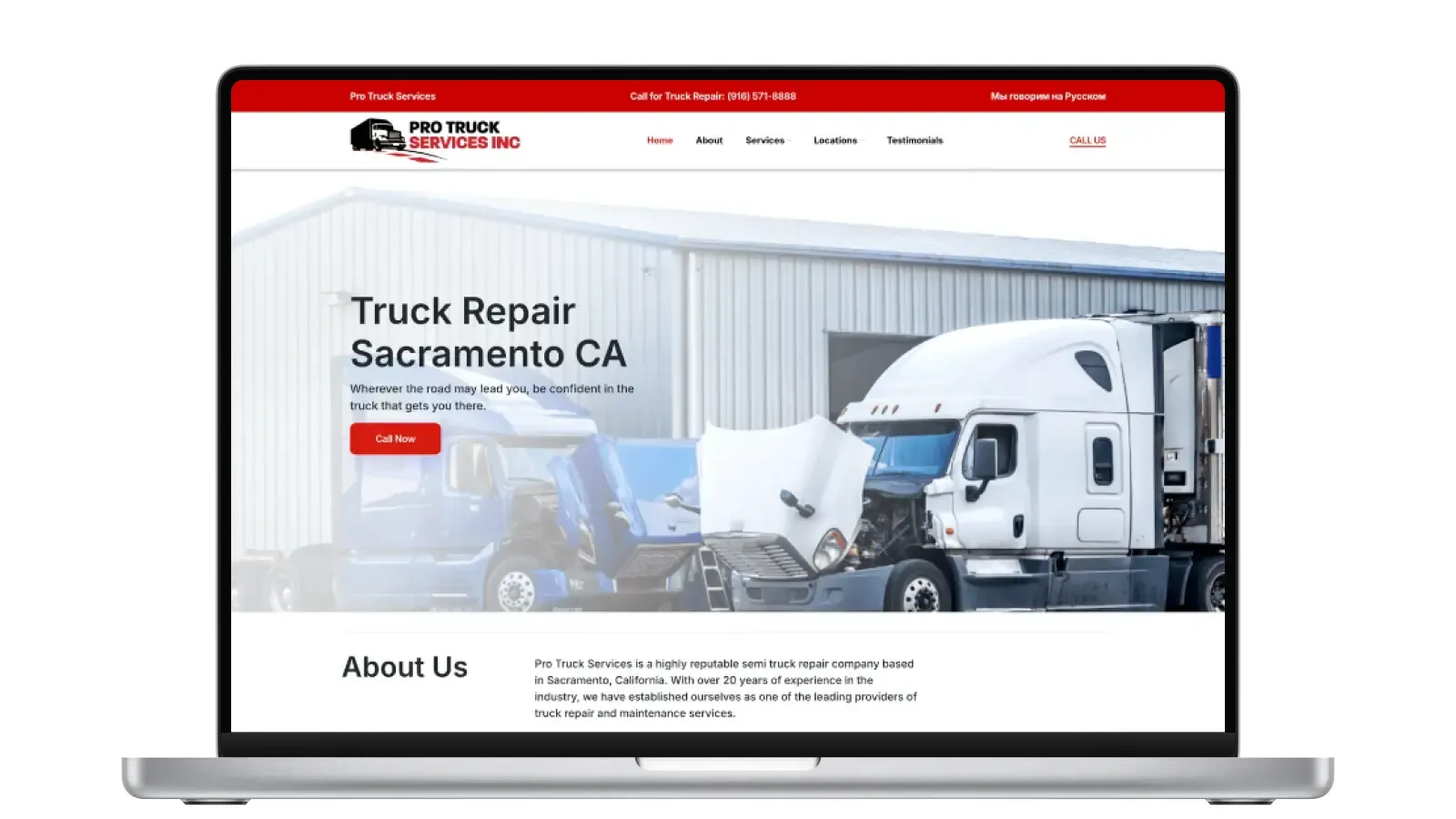 Pro Truck Services Inc website homepage showing truck repair services in Sacramento, CA