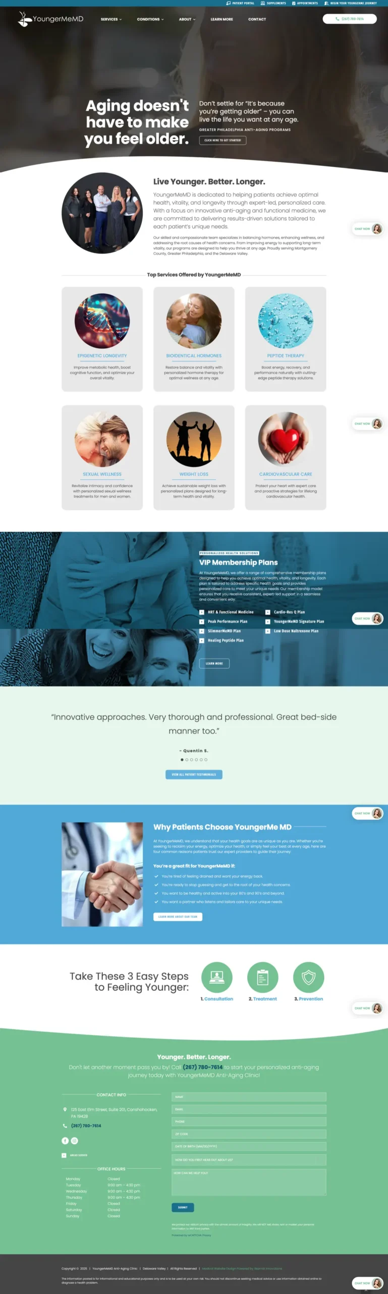 Full-page screenshot of the Younger Me MD regenerative medicine clinic website featuring a teal and white hero section with the tagline Aging doesn't have to make you feel older, a services grid for epigenetic consults and hormone therapy, VIP membership plans, patient testimonials, and a contact form