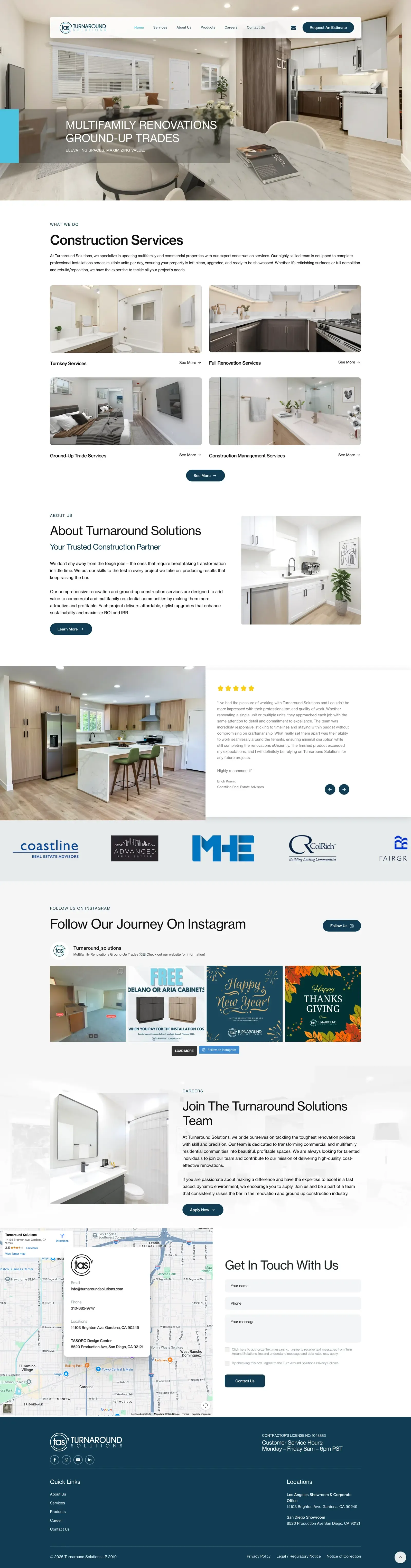 Turnaround Solutions homepage with navy and teal design, client logo bar, and multifamily renovation services overview