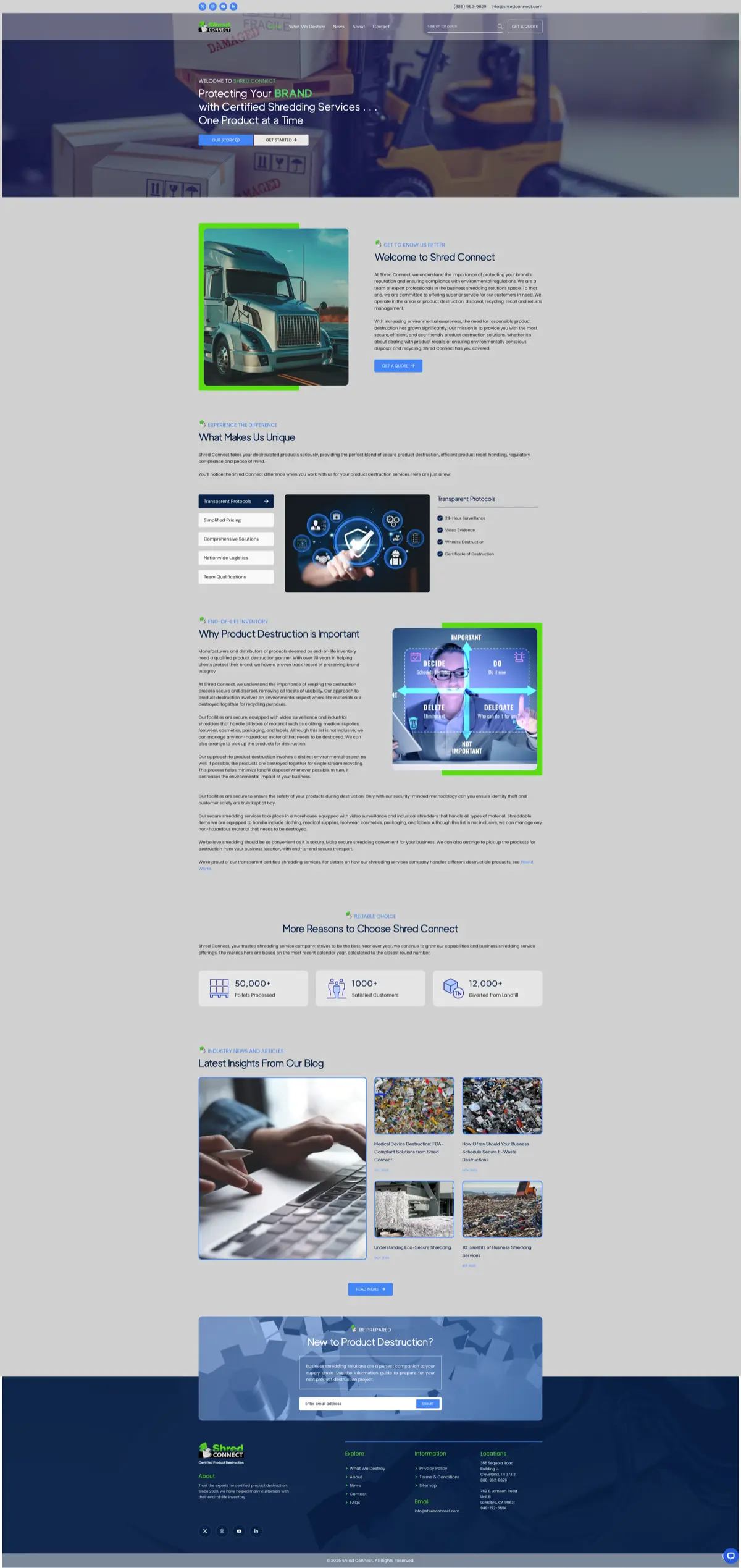 ShredConnect homepage with dark navy theme, green accents, hero section featuring truck imagery, tabbed features section, and client metrics