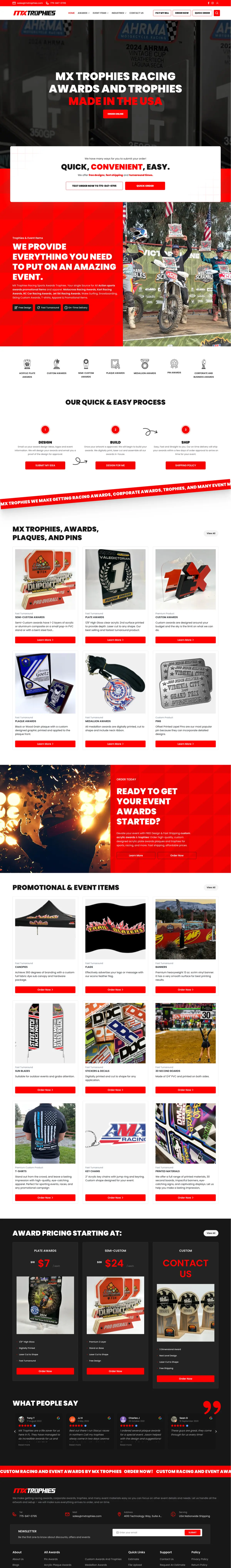 MX Trophies homepage with racing awards hero, product category grid, and ordering process