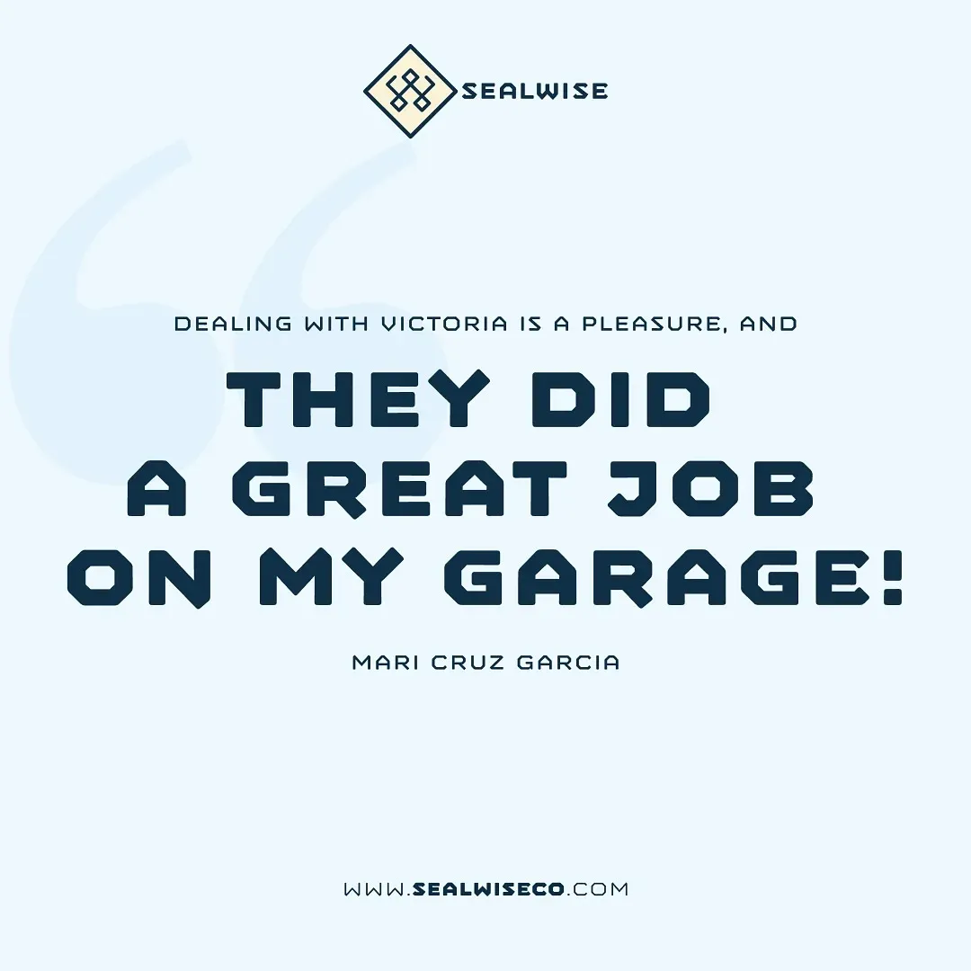 Client testimonial graphic featuring Mari Cruz Garcia's 5-star review of Sealwise Epoxy's garage floor work