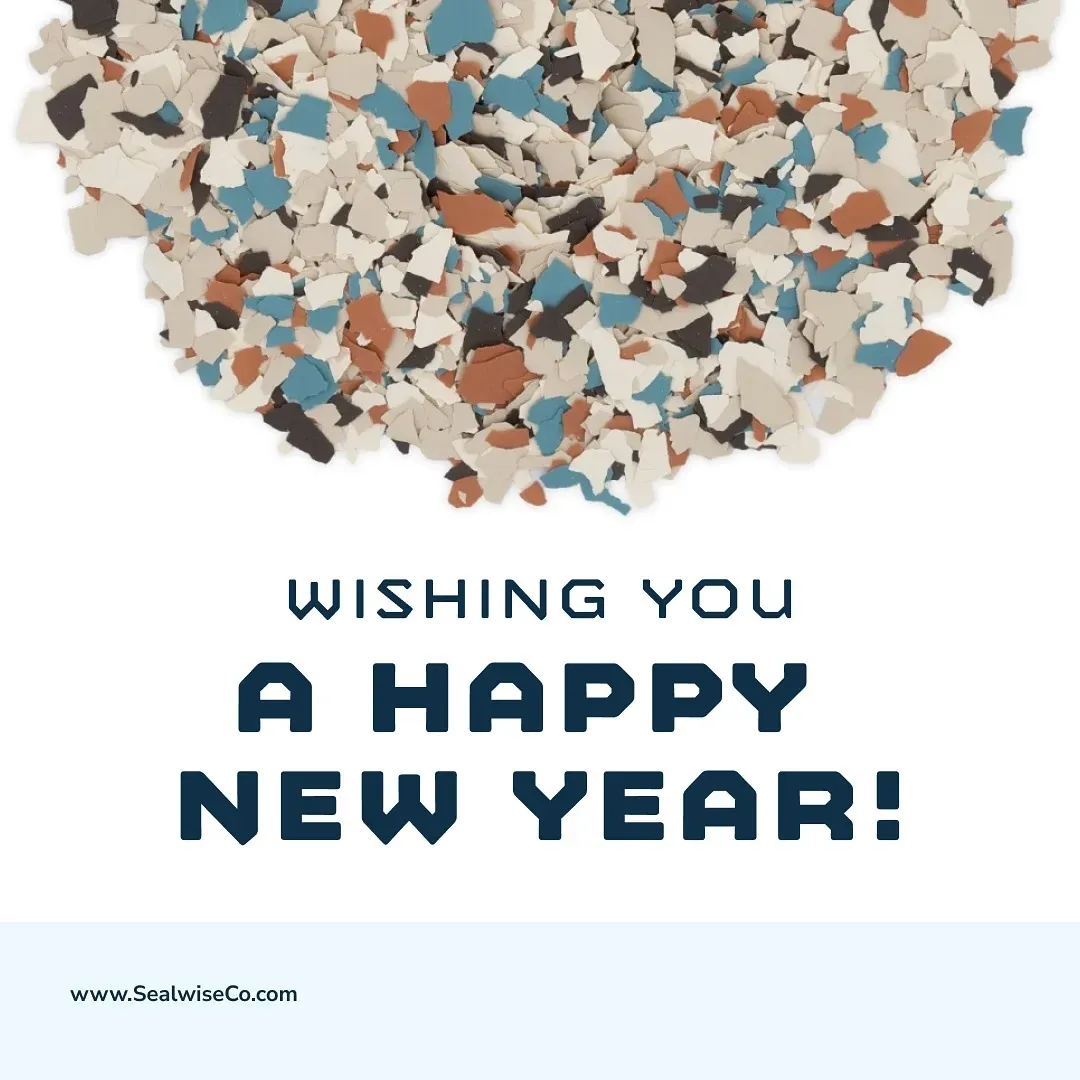Happy New Year 2025 branded graphic for Sealwise Epoxy featuring custom flake pattern design