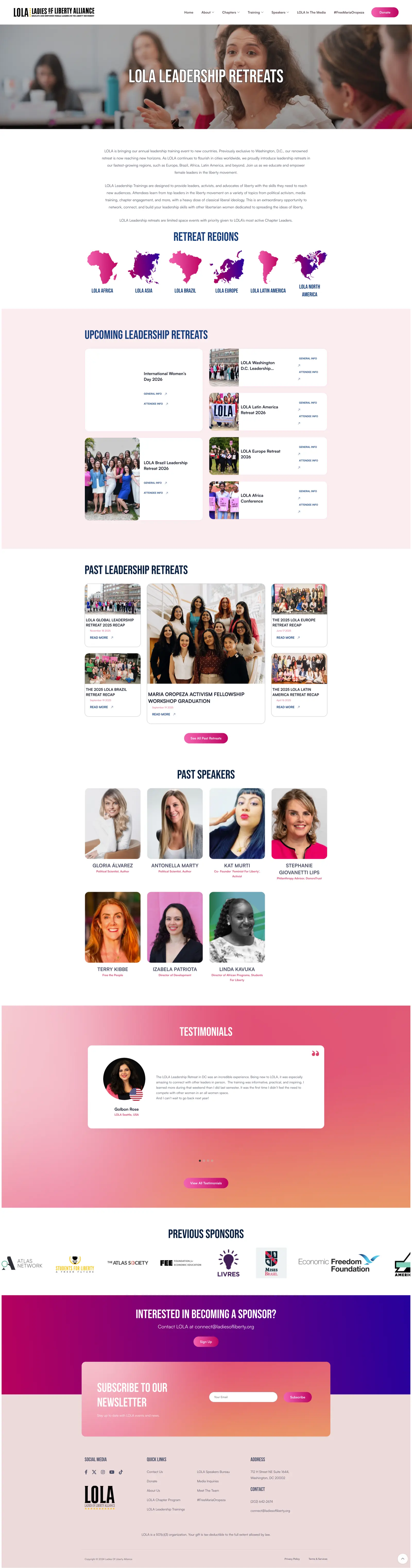 LOLA Leadership Retreats page with retreat programs and event photography