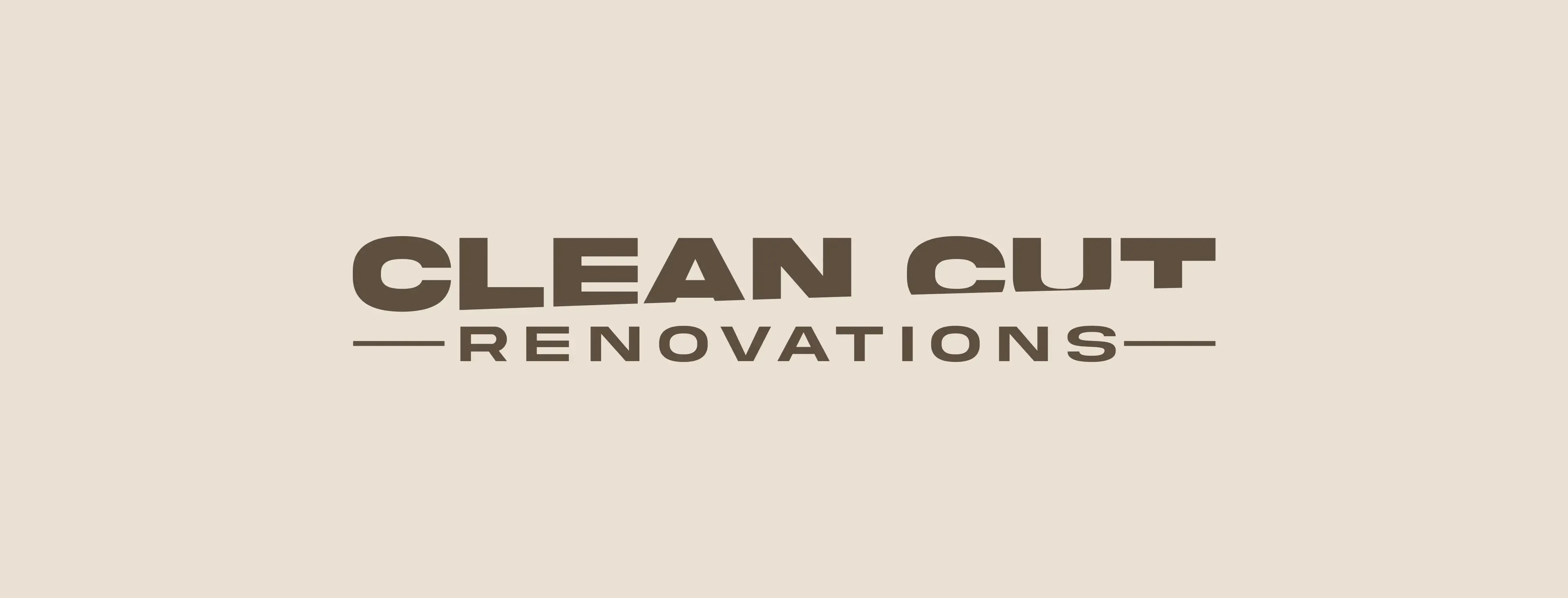 Clean Cut Renovations logo on cream background showing the diagonal cut through each letterform in warm brown