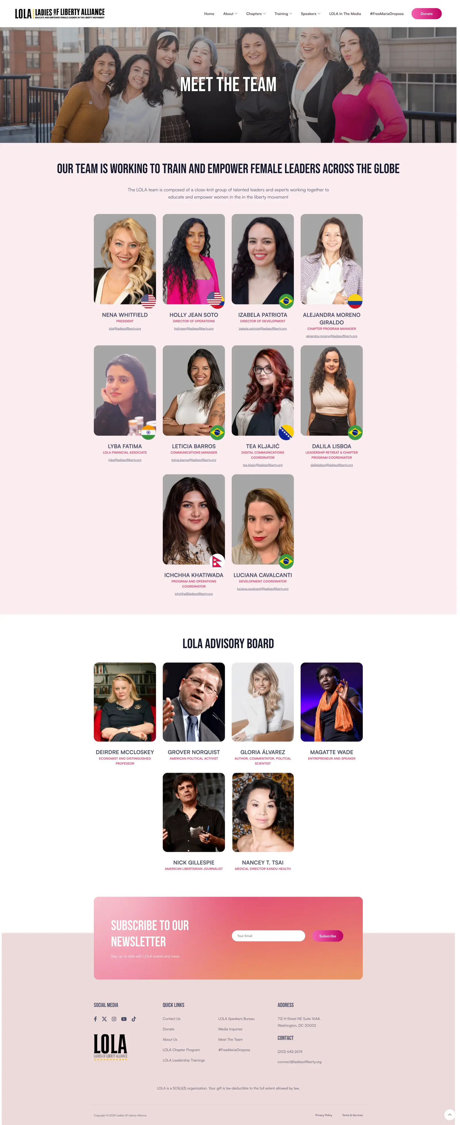 LOLA Meet the Team page with leadership profiles