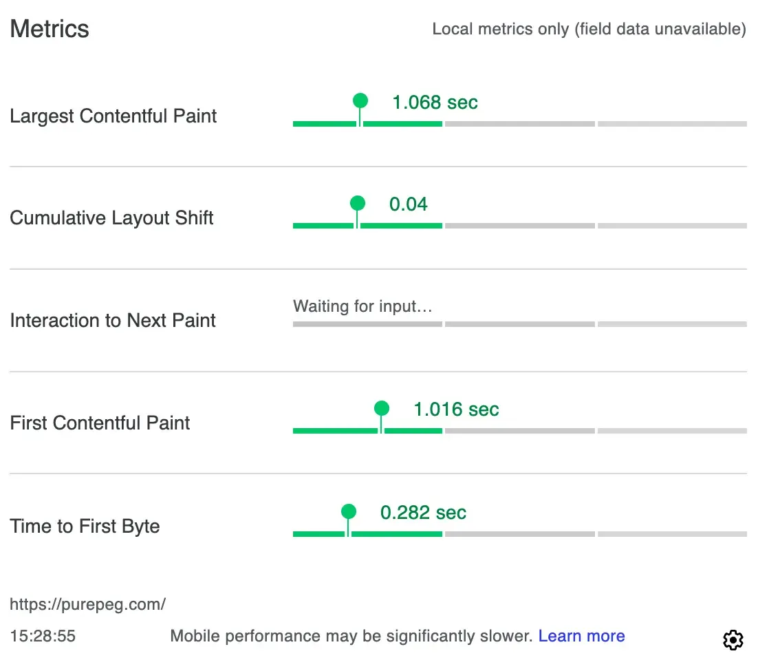 PageSpeed Insights metrics showing all green scores for purepeg.com: LCP 1.068s, CLS 0.04, FCP 1.016s, TTFB 0.282s