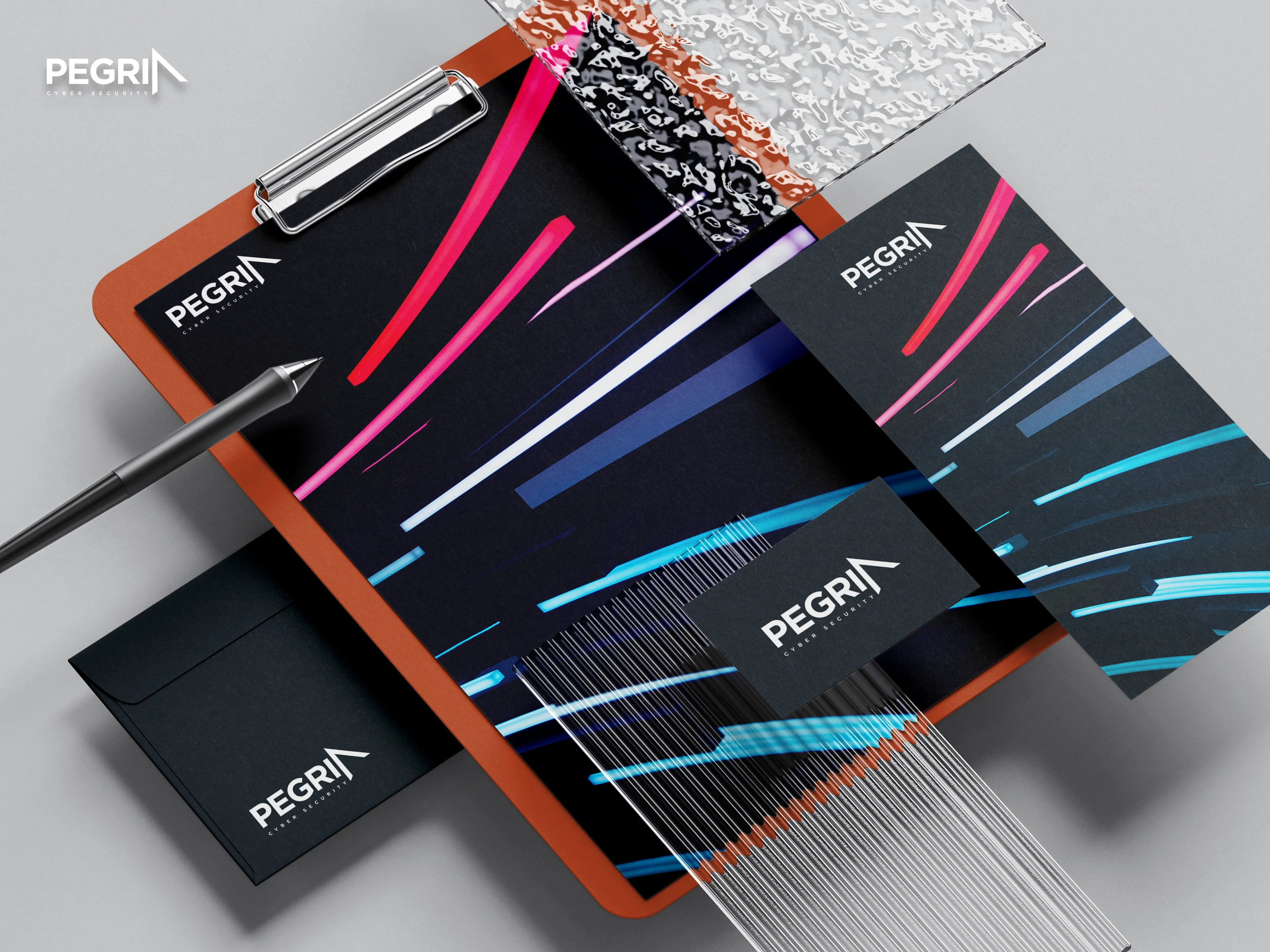 Pegria branded stationery suite showing clipboard folders business cards and envelope with dynamic neon light streaks on dark backgrounds